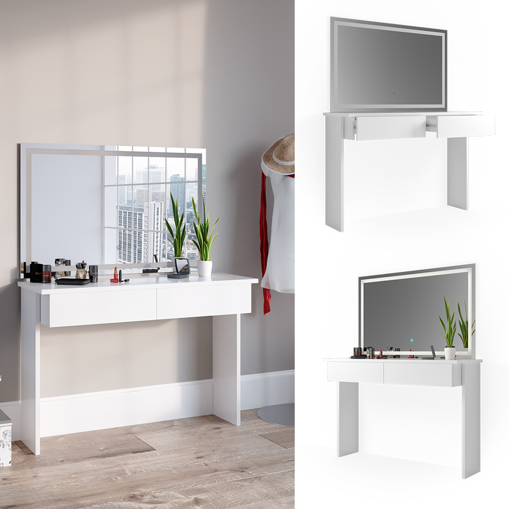 Tavolo Da Toeletta 2 In 1 Con Specchio Pieghevole E Sgabello – Scrivania E Comò, Bianco, 100x45x76 Cm