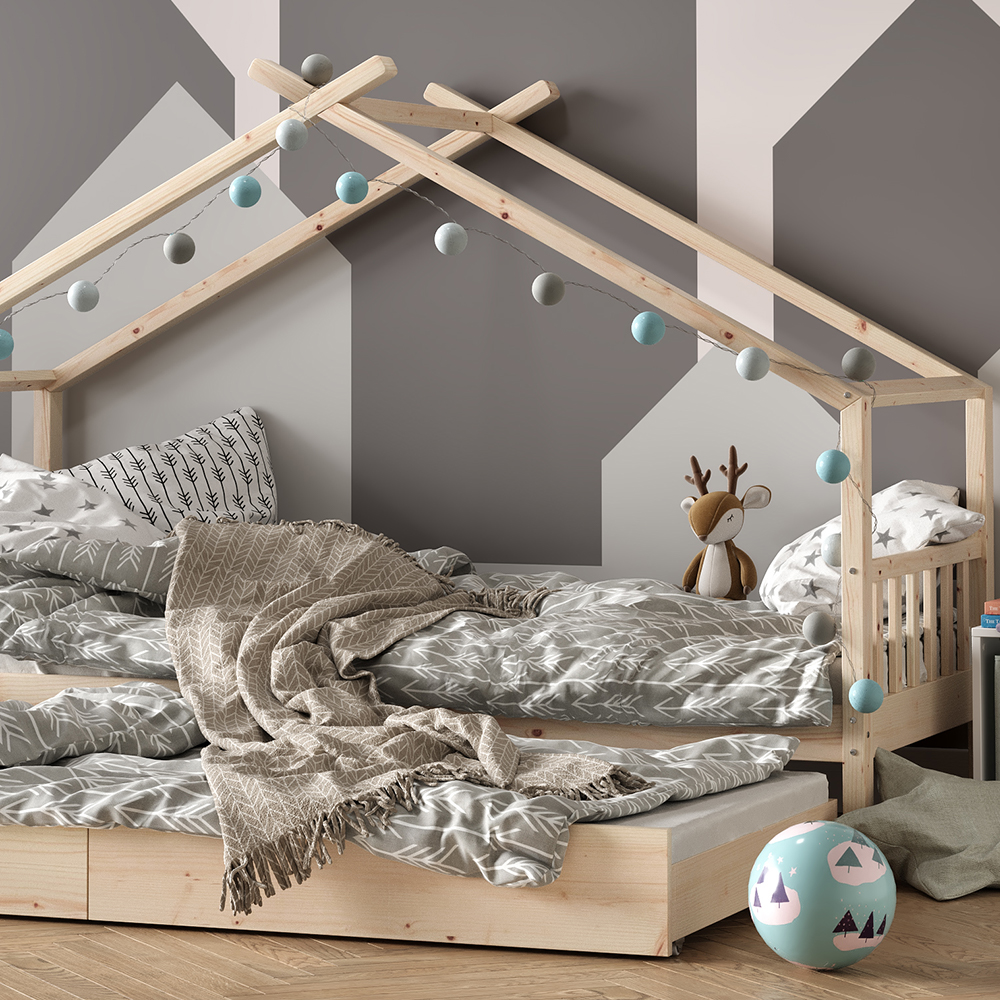 Bett 90x200 Komplett Mit Lattenrost Und Matratze Hausbett "Design" Naturholz 90x200 cm mit Gästebett und 2 Matratzen