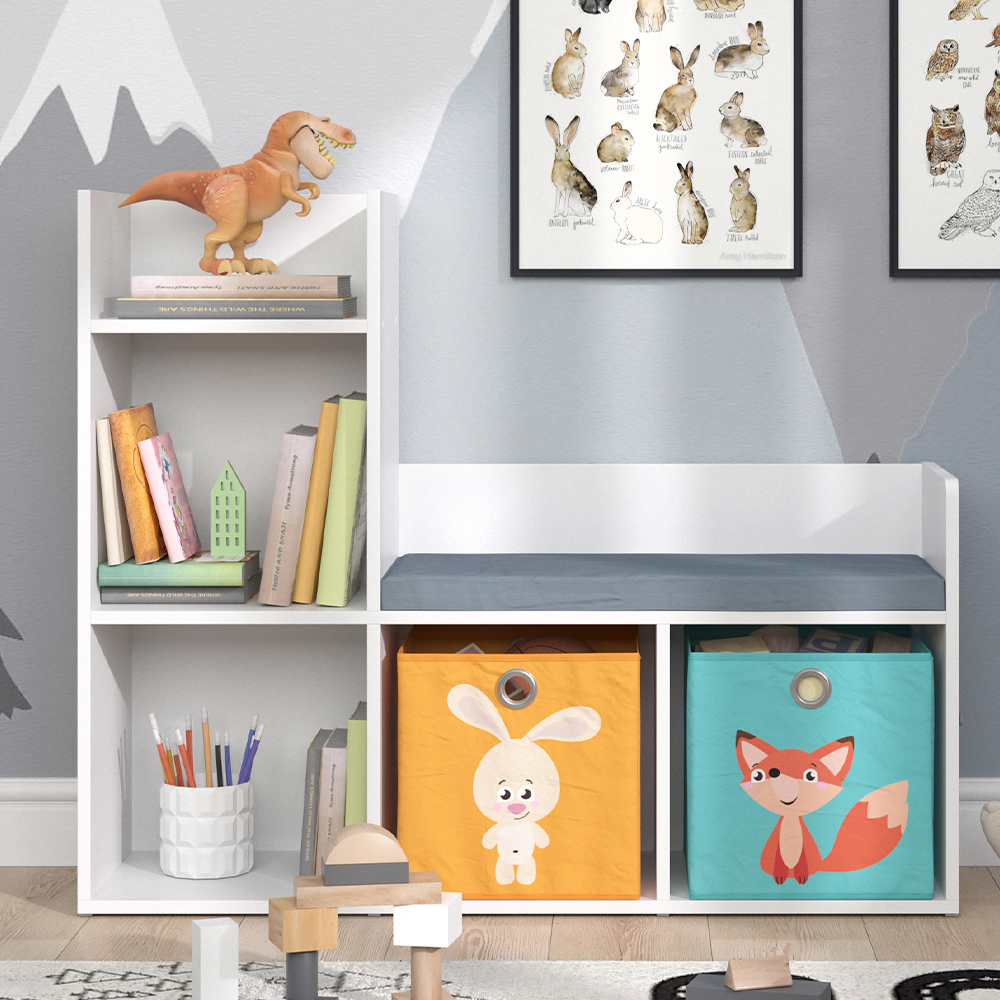 Étagère Enfant Vicco Luigi Blanc 107x89cm - Bibliothèque Avec Banc Rangement Jouets Et Livres