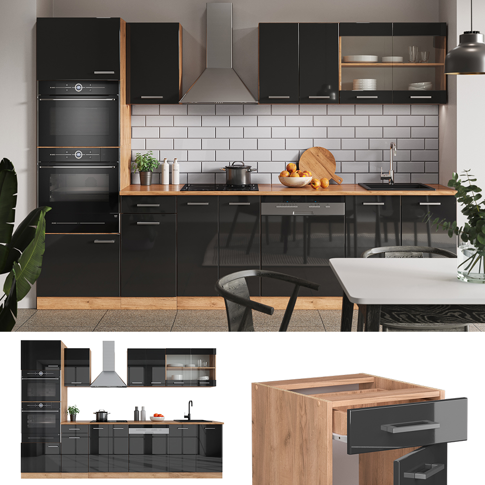Mueble De Cocina R-Line Vicco 300 Cm: Color Oro Power Roble/antracita, Modular Y Con Patas Ajustables
