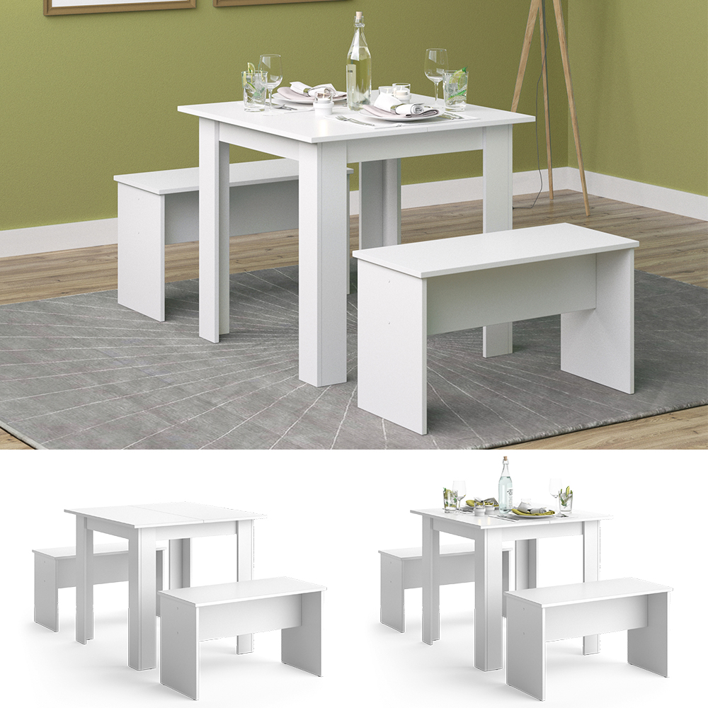 Ensemble de table à manger "Sentio", Blanc, 80 x 80 cm avec 2 bancs, Vicco