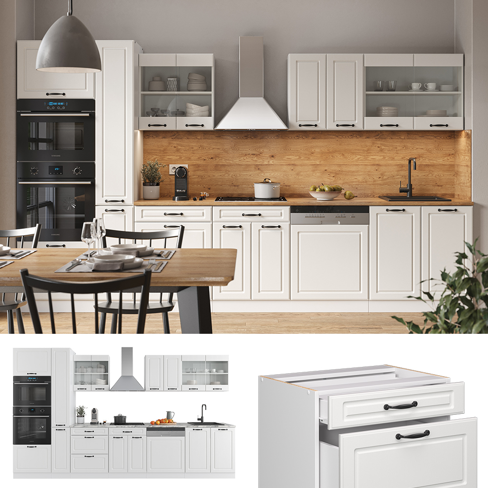 Küchenzeile "R-Line" Weiß Landhaus/Weiß 350 cm mit Hochschrank, ohne Arbeitsplatte Vicco