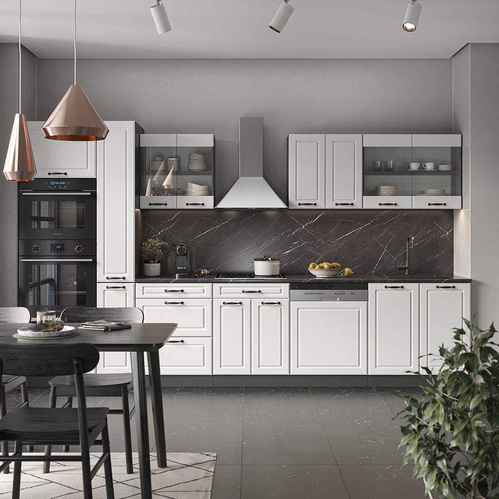 Cuisine R-Line Modulaire - Blanc Brillant/Anthracite - 350 Cm De Large Avec Armoire Haute - Sans Plan De Travail - 4