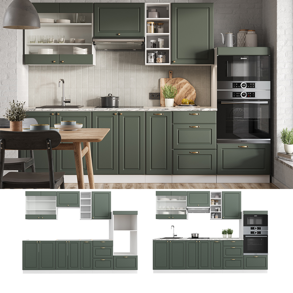 Küchenzeile "Fame-Line" Grün-Gold Landhaus/Weiß 280 cm ohne Arbeitsplatte Vicco