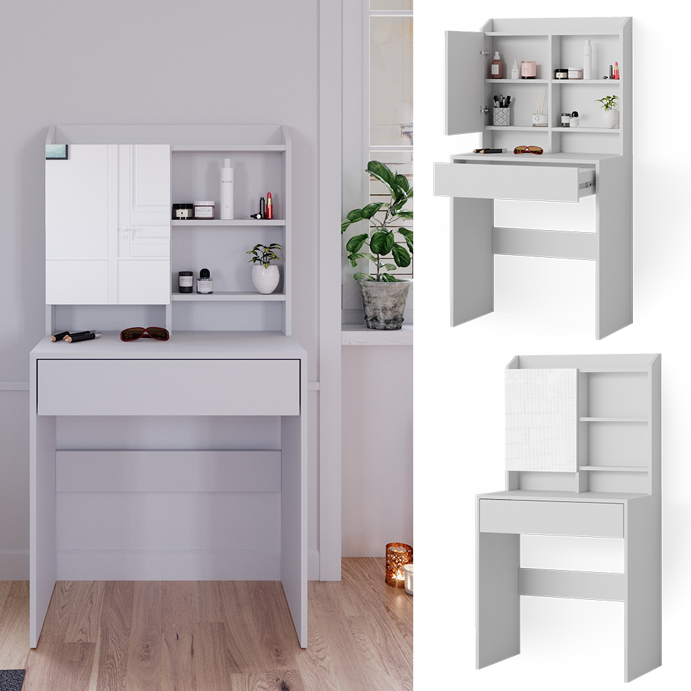 Coiffeuse Conrada Avec Miroir LED Et Tabouret Vicco – Blanc – Mobilier Chambre
