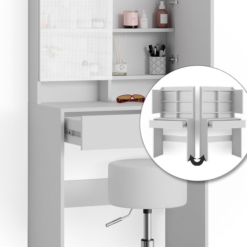 Vicco Coiffeuse Ruben, Blanc, avec Armoire à tiroirs, éclairage LED et