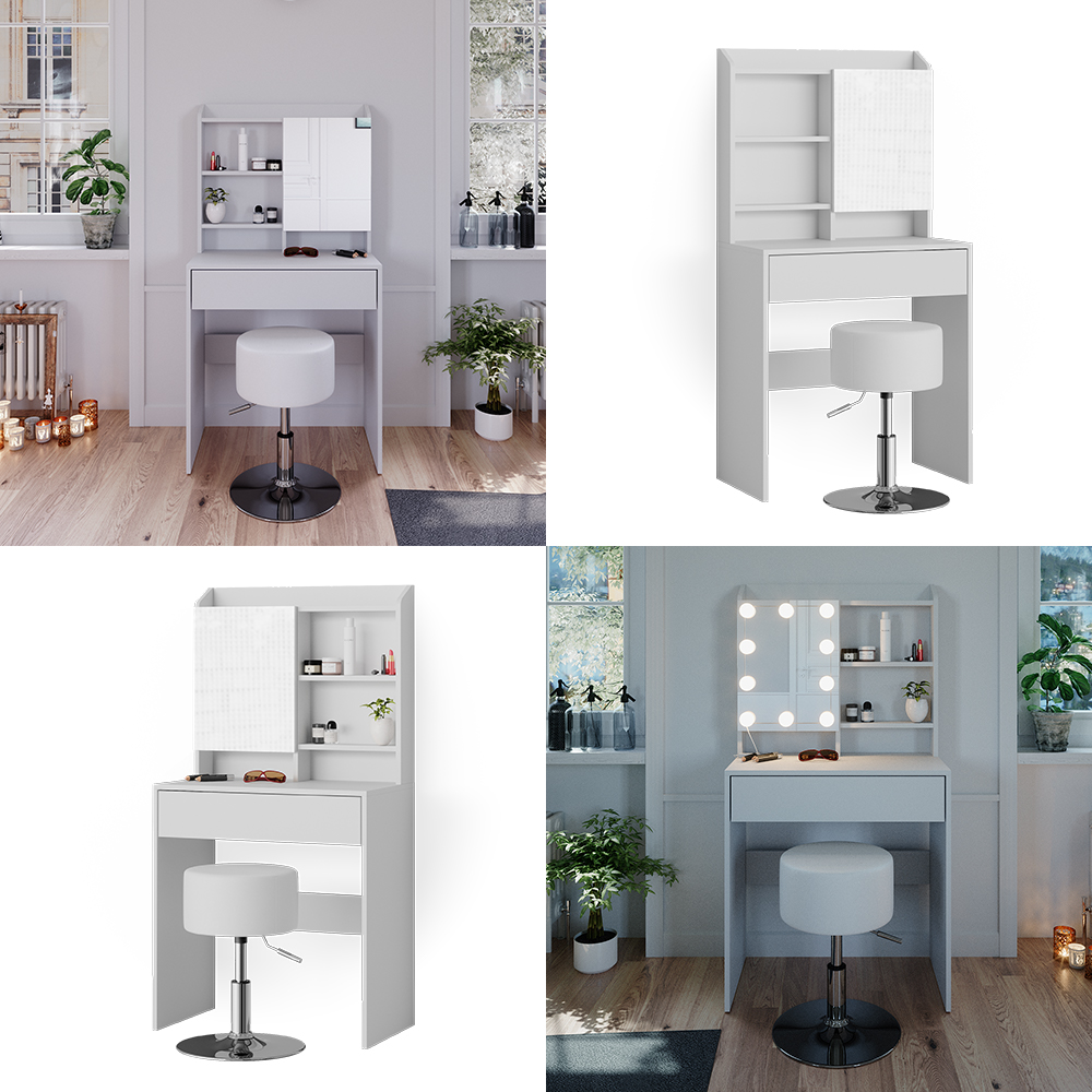 Vicco Make-uptafel set met kruk Nora, Wit, 90 cm met LED-verlichting