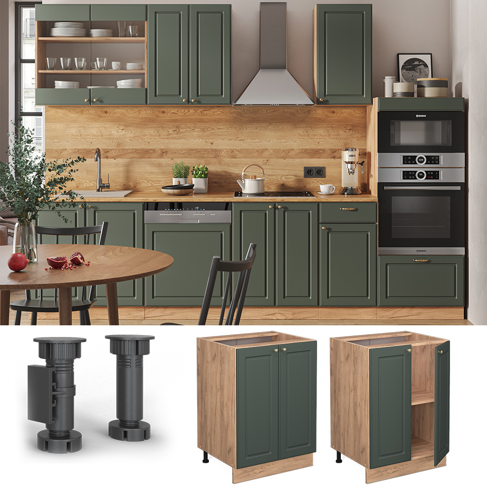 Cuisine D'angle Fame-Line Verte Et Anthracite - 160 X 190 Cm Sans Plan De Travail - Modules Avec Fermeture Douce Et Tiroirs Métalliques - 11