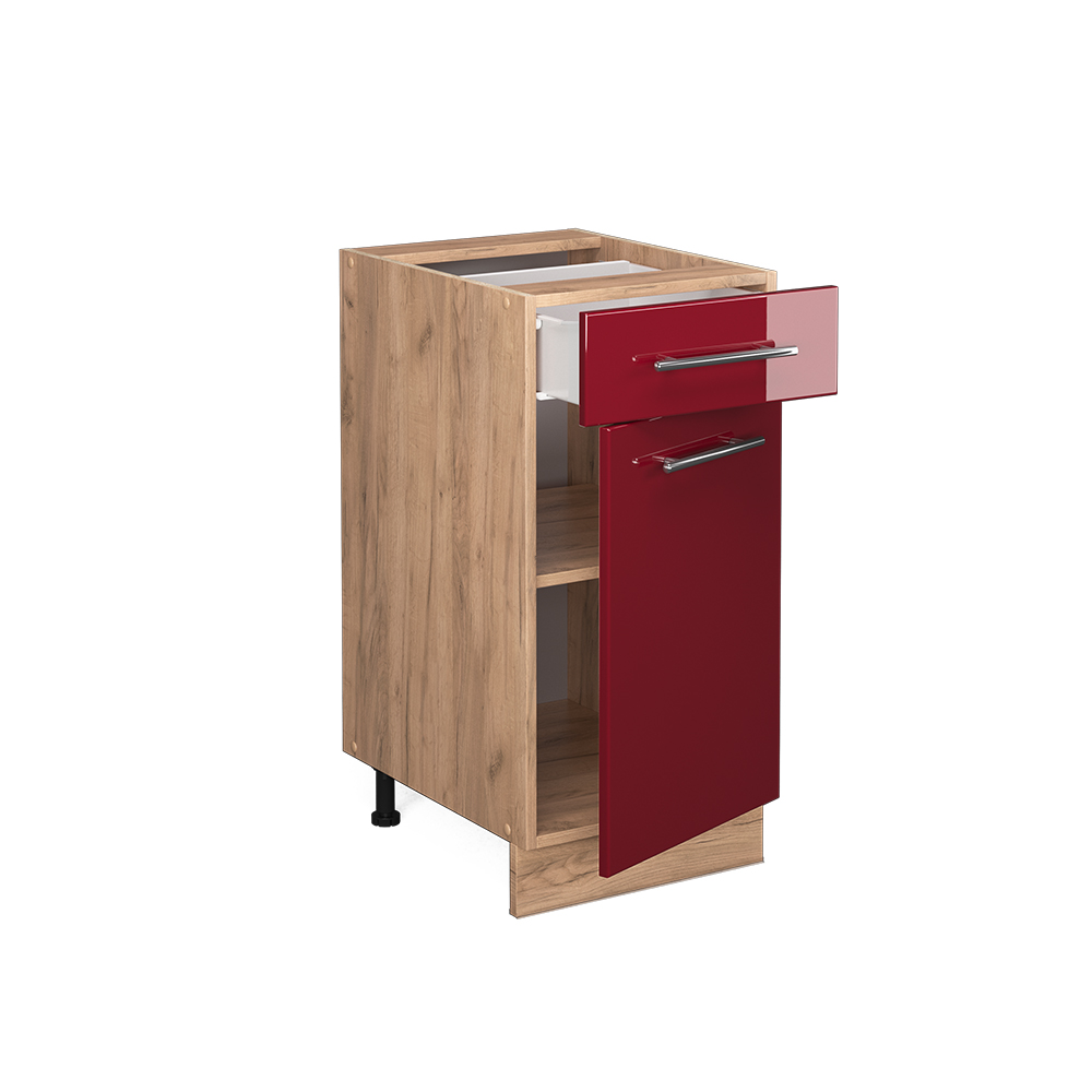 Spodnja omarica za kuhinjo "Fame-Line", Bordo rdeča barva visokega sijaja/Zlati hrast z močjo, 40 cm brez delovne plošče, Vicco