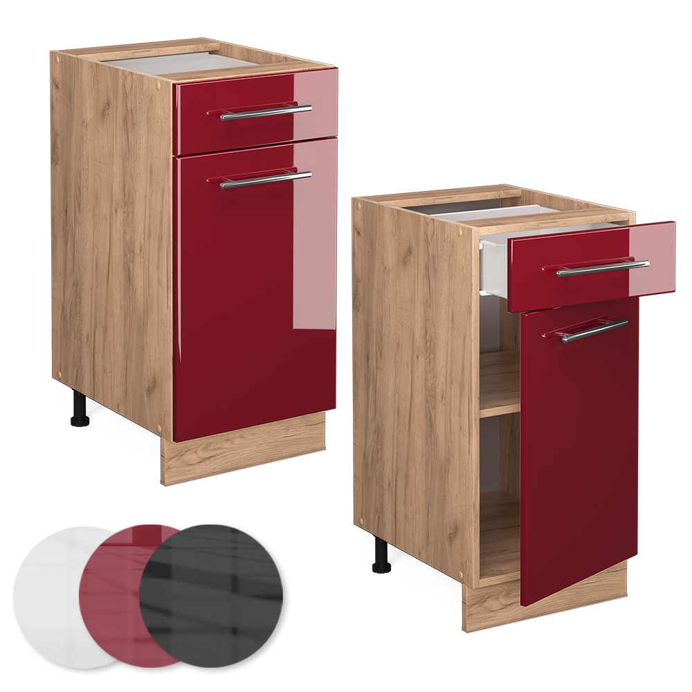 Spodnja omarica za kuhinjo "Fame-Line", Bordo rdeča barva visokega sijaja/Zlati hrast z močjo, 40 cm brez delovne plošče, Vicco