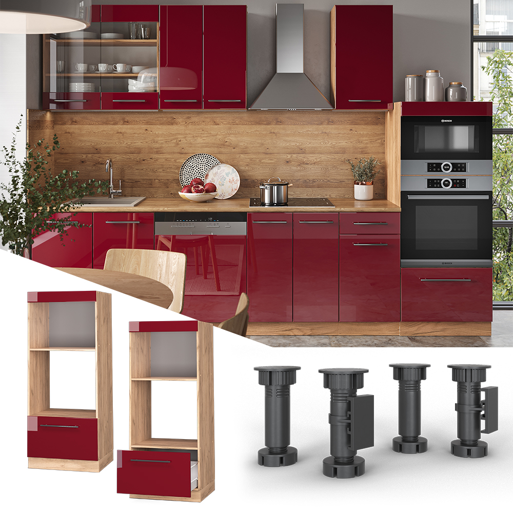 Kuhinjska omarica za mikrovalovno pečico "Fame-Line", Bordo rdeča barva visokega sijaja/Zlati hrast z močjo, 60 cm odprta, Vicco