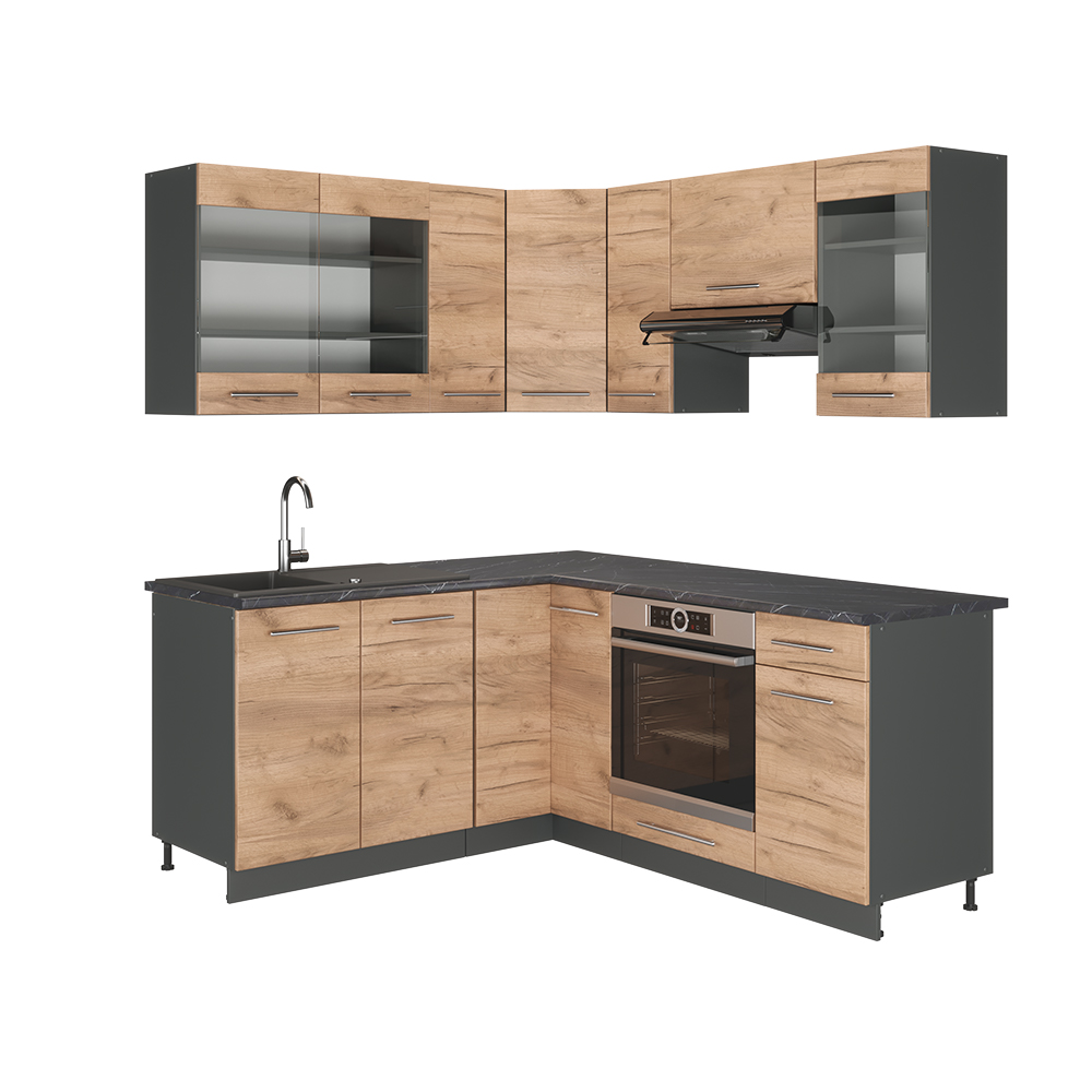 Cuisine D'angle Vicco Fame-Line - Anthracite Brillant/blanc - 160x190 Cm - Modules Livrés Sans Plan De Travail