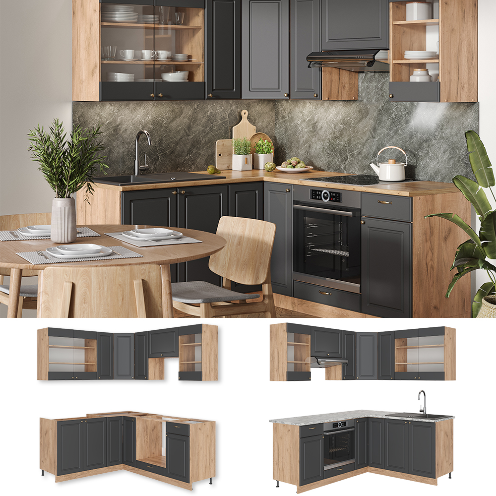 Cuisine intégrée Cuisine en bloc Kitchenette R-Line 300cm chêne anthracite Vicco Cuisine intégrée Cuisine en bloc Kitchenette R-Line 300cm chêne anthracite Vicco