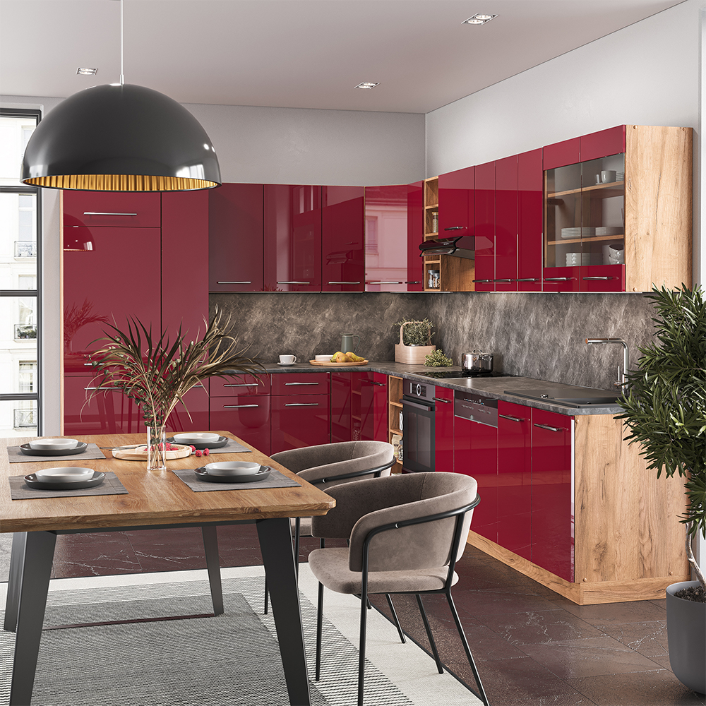 Cuisine Fame-Line, 355 cm , PT Anthracite, Bordeaux brillant/Chêne doré
