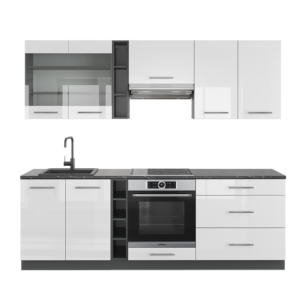 Küchenzeile "Fame-Line" Weiß Hochglanz/Anthrazit 235 cm ohne Arbeitsplatte Vicco
