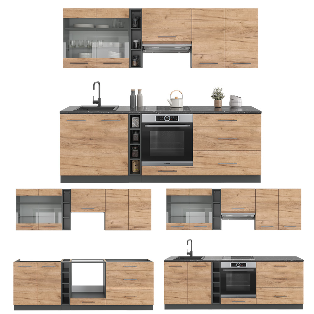 Cuisine R-Line, Anthracite brillant/Chêne doré, 300 cm avec armoire haute, sans plan de travail, Vicco