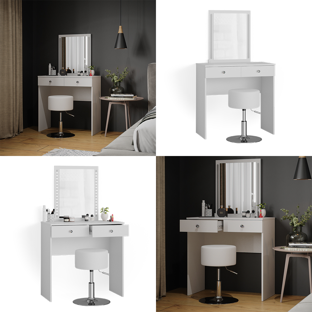 Vicco Coiffeuse Grace, Blanc Haute Brillance, 100cm Avec Miroir LED Station De Recharge Qi Et Tabouret