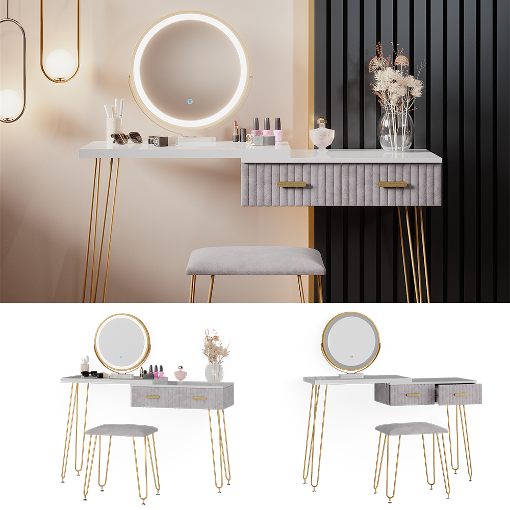 toaletna miza "Zoey", Bela/Siva, 120 cm z osvetlitvijo LED in stolčkom, Vicco