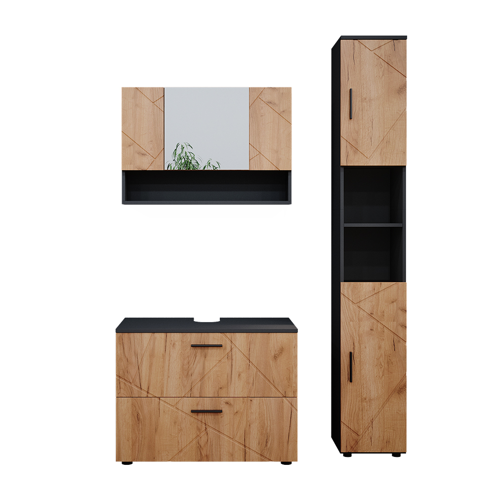 meuble de rangement de salle de bain "Irma", Anthracite/Chêne, 3 pièces, armoire basse 80 cm, Vicco