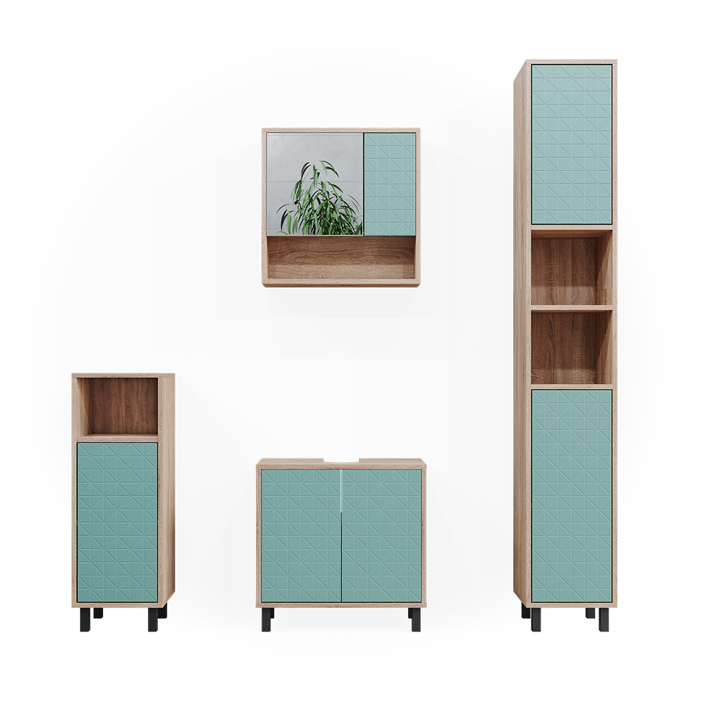meuble de rangement de salle de bain "Agasta", Vert menthe/Sonoma, 4 pièces, avec armoire haute et commode, Vicco