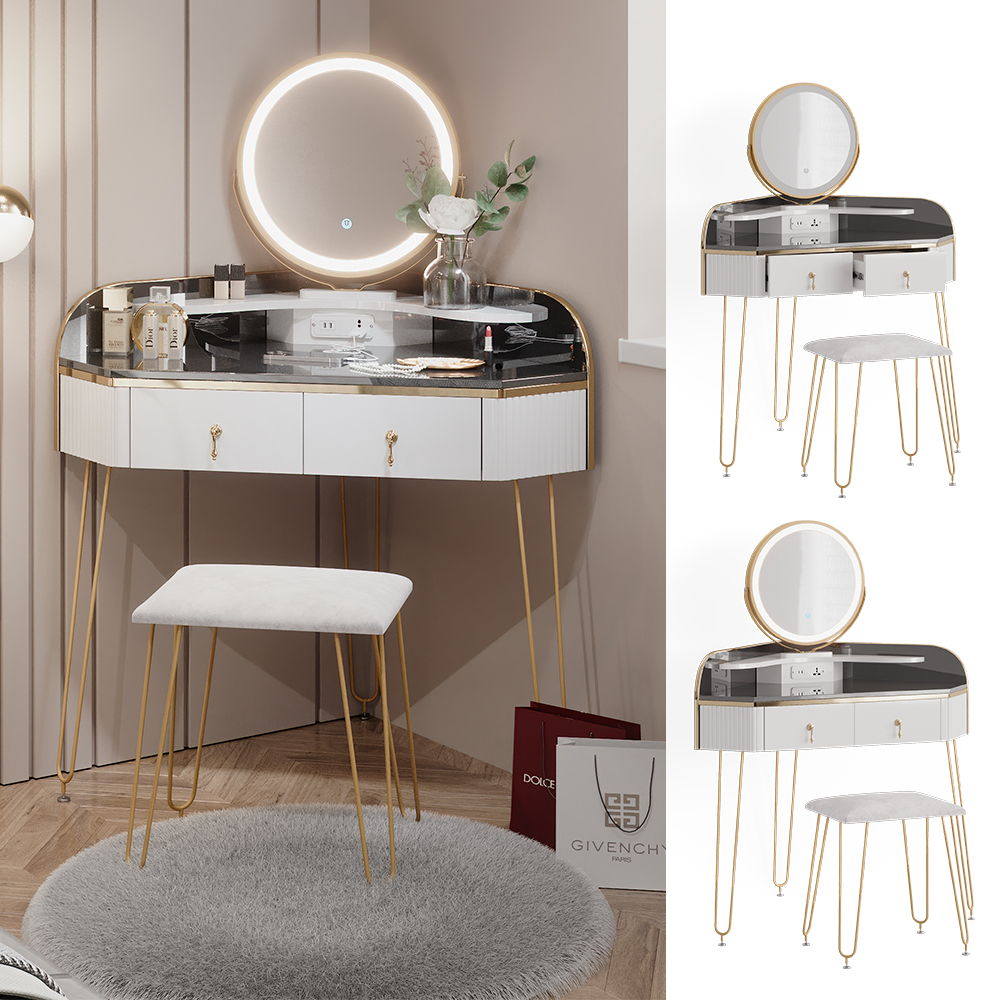 Coiffeuse d'angle "Amira" blanc avec miroir LED, tabouret et prise USB Vicco