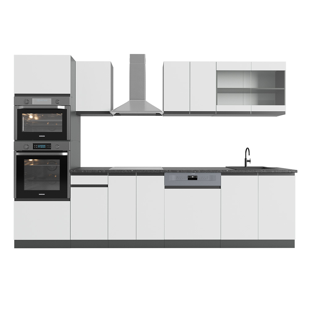 Küchenzeile "R-Line" Weiß/Anthrazit 300 cm J-Shape, mit Hochschrank, ohne Arbeitsplatte Vicco