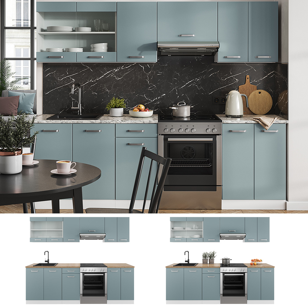 Küchenzeile "Raul" Blau-Grau/Weiß 240 cm ohne Arbeitsplatte Vicco