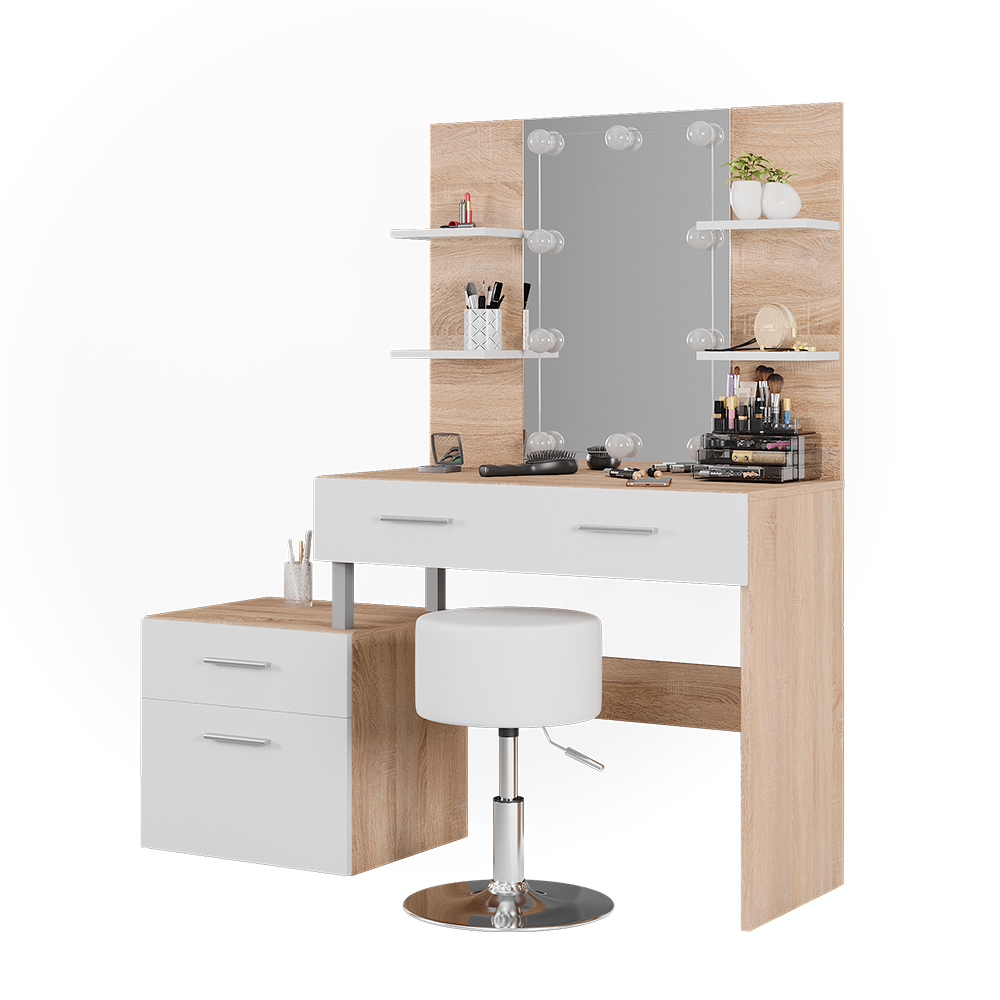 Coiffeuse Maria VICCO – Blanche Avec Tabouret, 3 Tiroirs, Miroir – Meuble Neuf