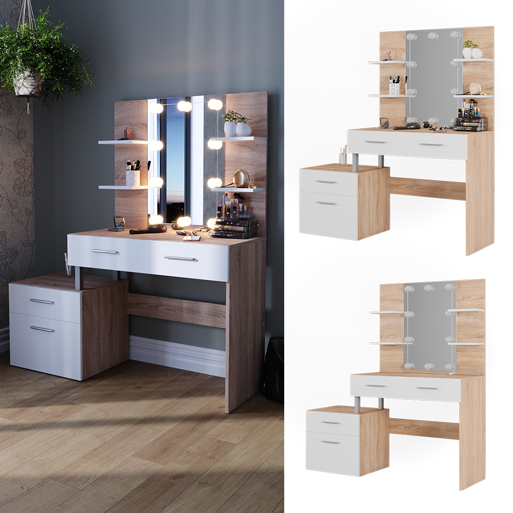 Coiffeuse Table De Maquillage VICCO Maria Avec LED Blanc - 3 Tiroirs, Neuve