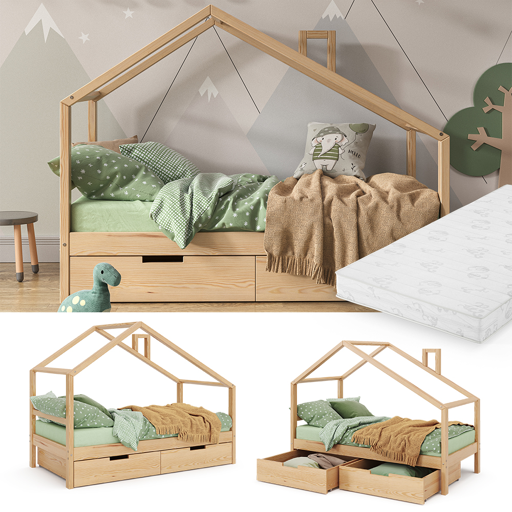 Hišna postelja "Lori", Naravni les, 80x160 cm s predali in vzmetnico, Vitalispa