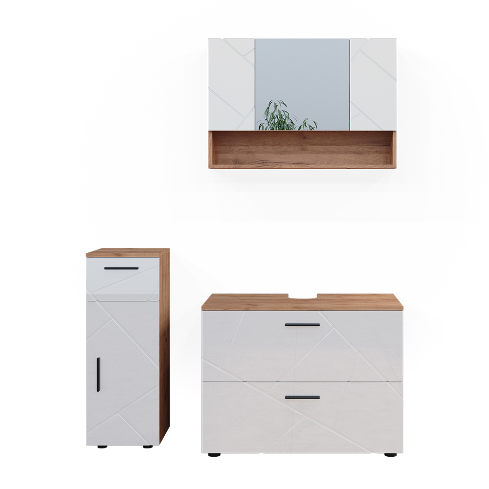 Armoire Salle De Bain Vicco Detmold - Blanc/Chêne Doré, 81.6x35cm, 3 Compartiments