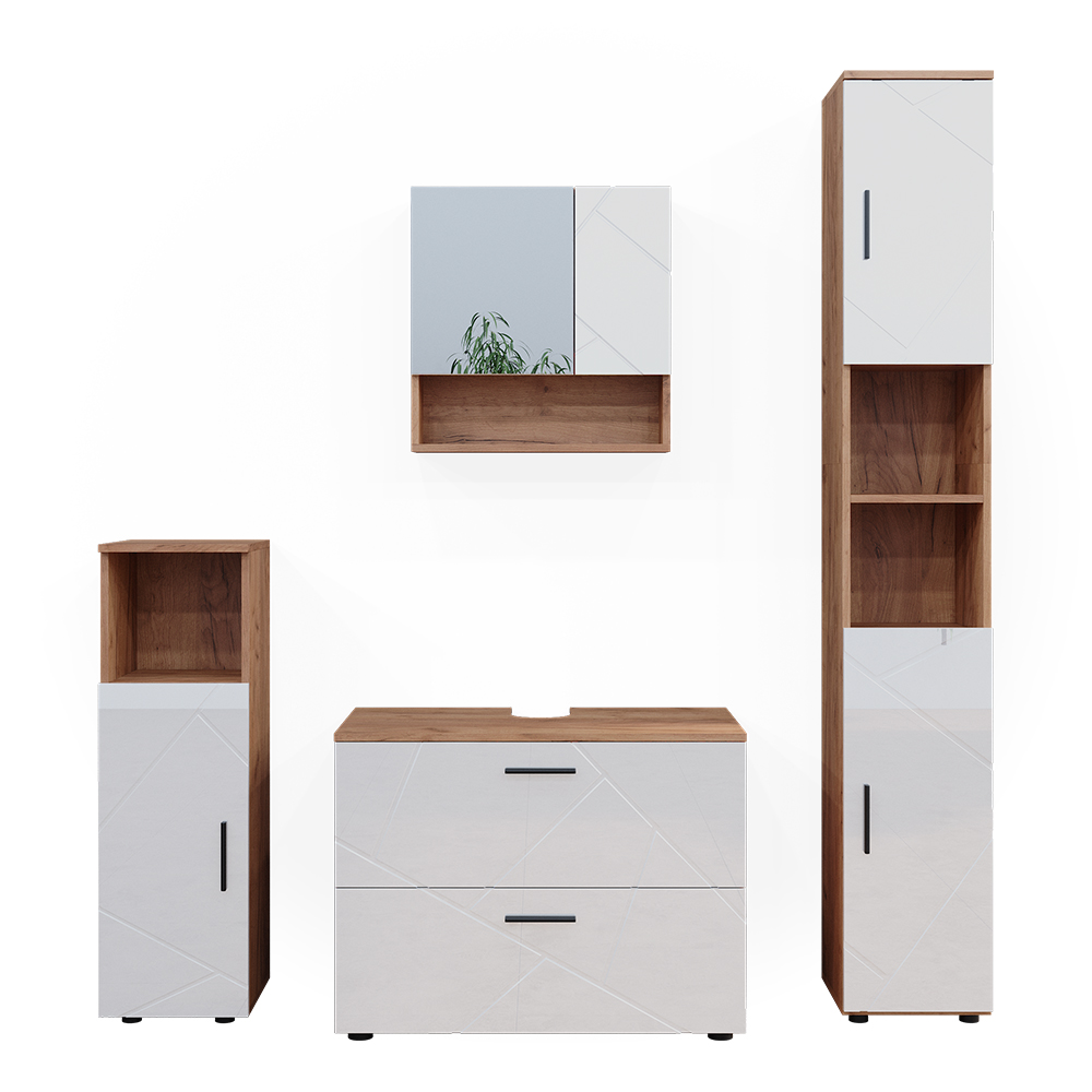 Meubles bain Livia blanc/chêne 3 pièces, avec armoire de milieu Vicco