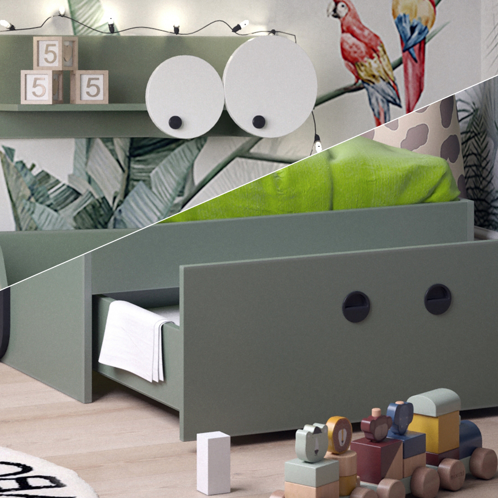 Kinderbett "Krokodil" Grün 80x160 cm mit Schublade und Matratze Vitalispa