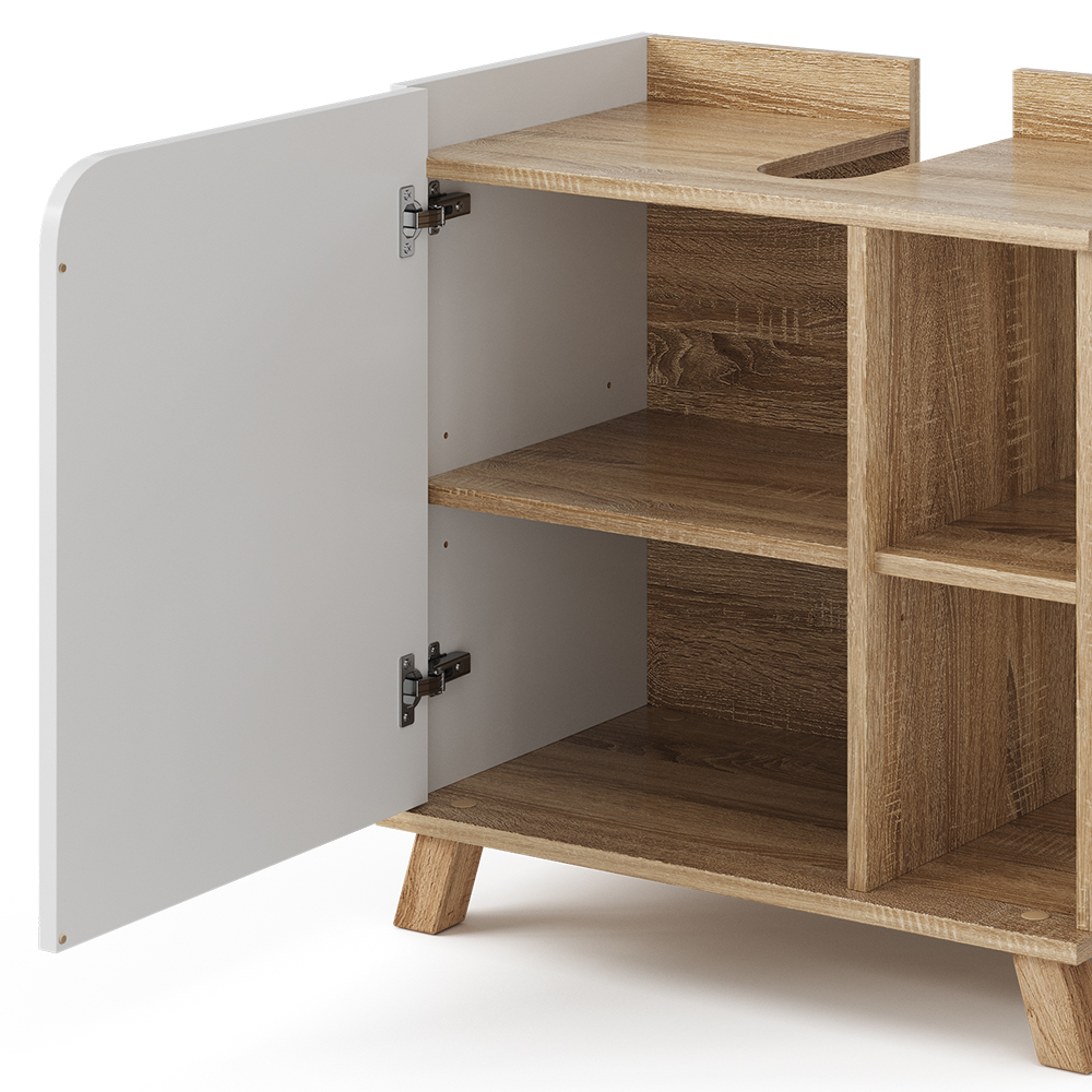 Vicco Waschbeckenunterschrank Karen, Sonoma/Anthrazit, 60 x 65 cm mit Tür und offenen Fächern, mit Siphonausschnitt zur Montage unter dem Waschbecken
