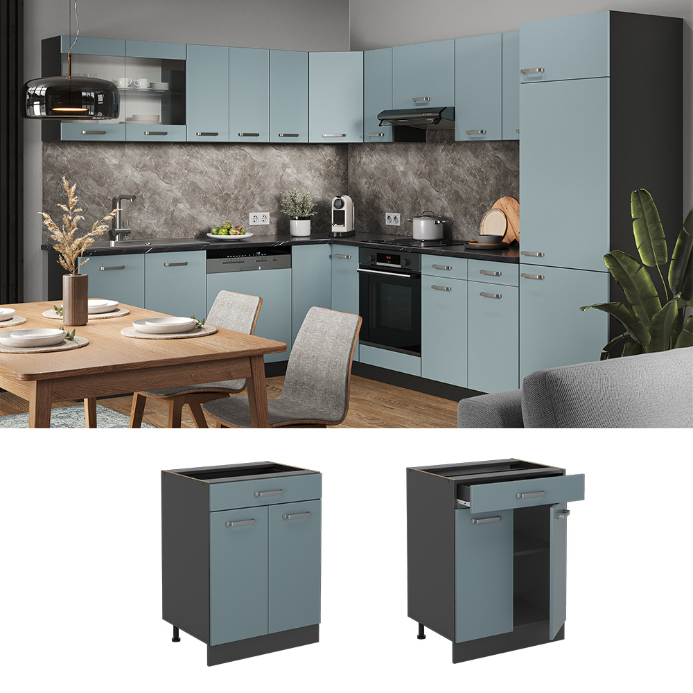 Vicco Spodnja omarica za kuhinjo "R-Line", Modro-siva/Antracit, 60 cm s predalom, brez delovnega pulta