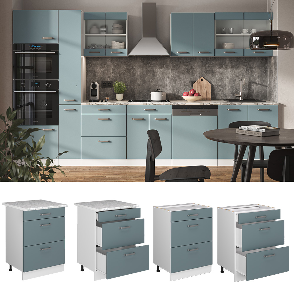 Vicco Küchenunterschrank "R-Line", Blau-Grau/Weiß, 60 cm mit Schubladen, ohne Arbeitsplatte
