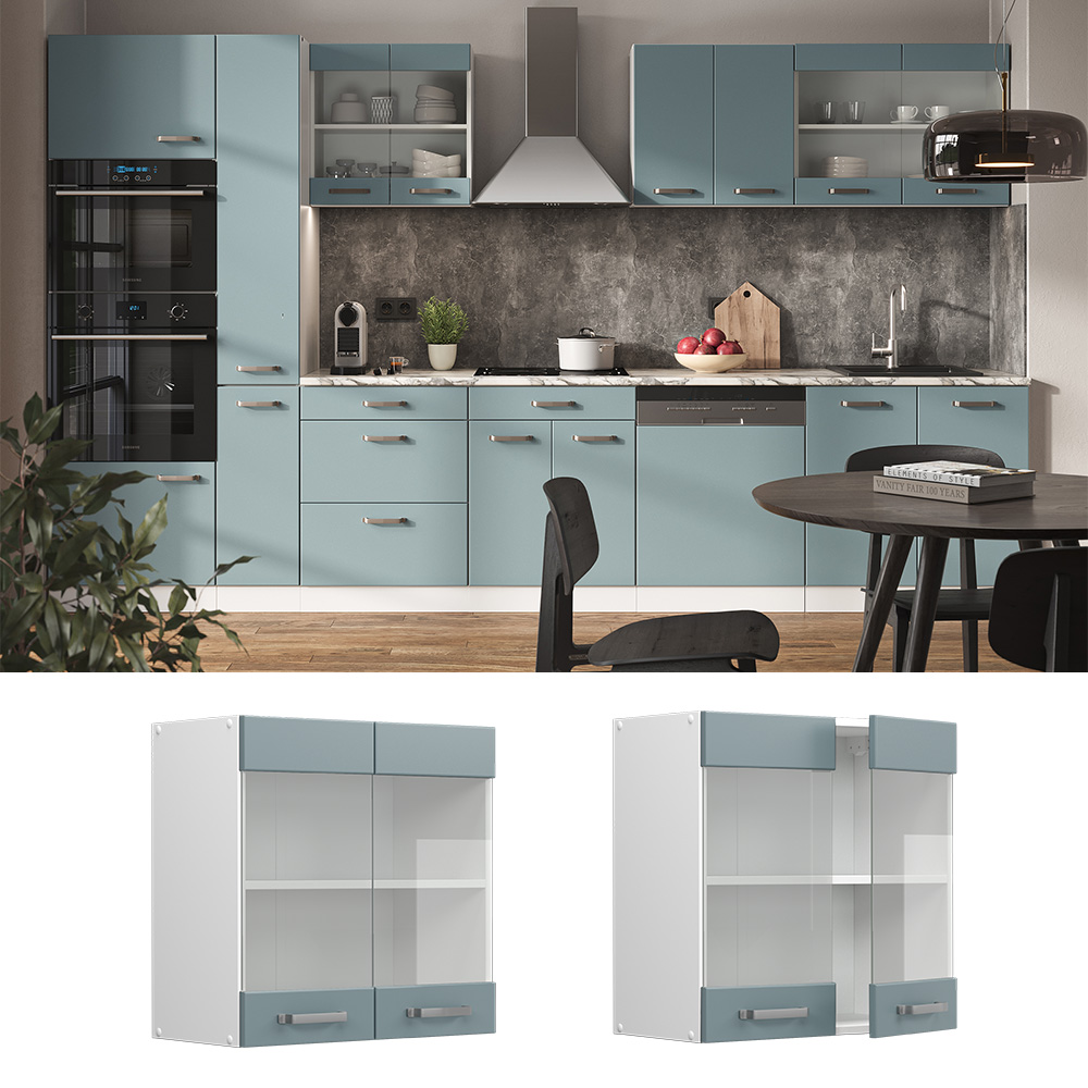 Vicco Steklena kuhinjska omarica "R-Line", Modro-siva/Bela, 60 cm