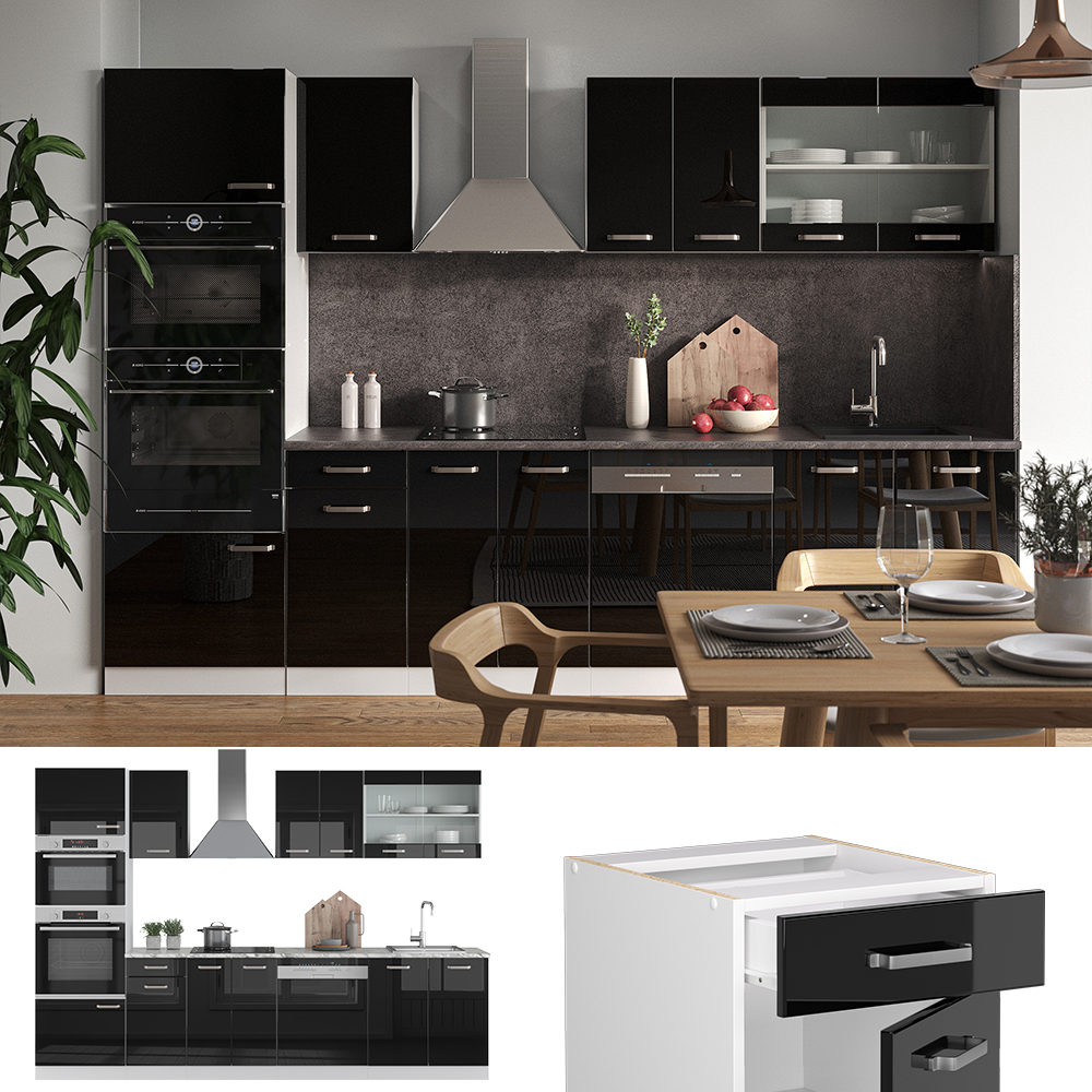 Vicco Küchenzeile "R-Line", Schwarz Hochglanz/Weiß, 300 cm mit Hochschrank, mit Arbeitsplatte