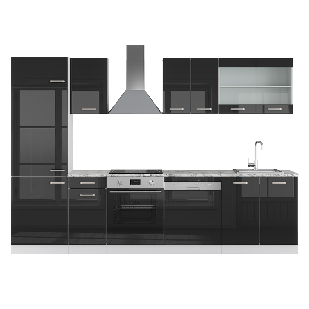 Vicco Küchenzeile "R-Line", Schwarz Hochglanz/Weiß, 300 cm ohne Arbeitsplatte