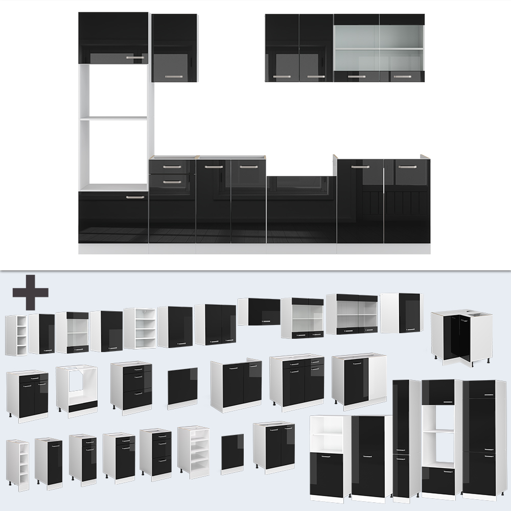 Vicco Küchenzeile "R-Line", Schwarz Hochglanz/Weiß, 300 cm mit Hochschrank, ohne Arbeitsplatte