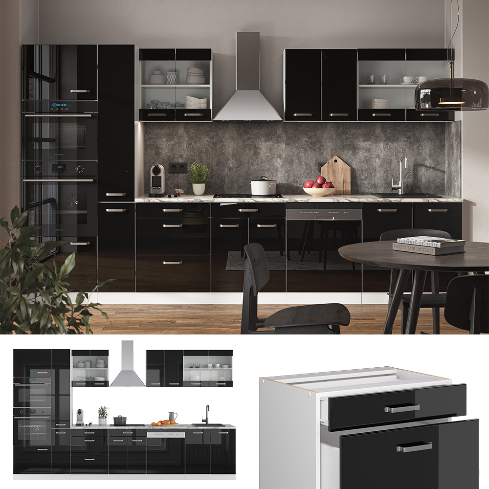 Vicco Küchenzeile "R-Line", Schwarz Hochglanz/Weiß, 350 cm mit Hochschrank, mit Arbeitsplatte