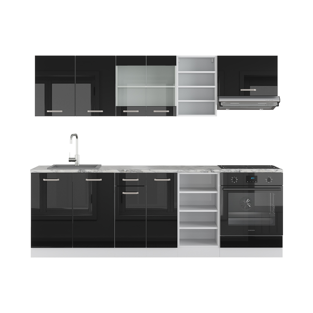 Vicco Küchenzeile "R-Line", Schwarz Hochglanz/Weiß, 240 cm ohne Arbeitsplatte