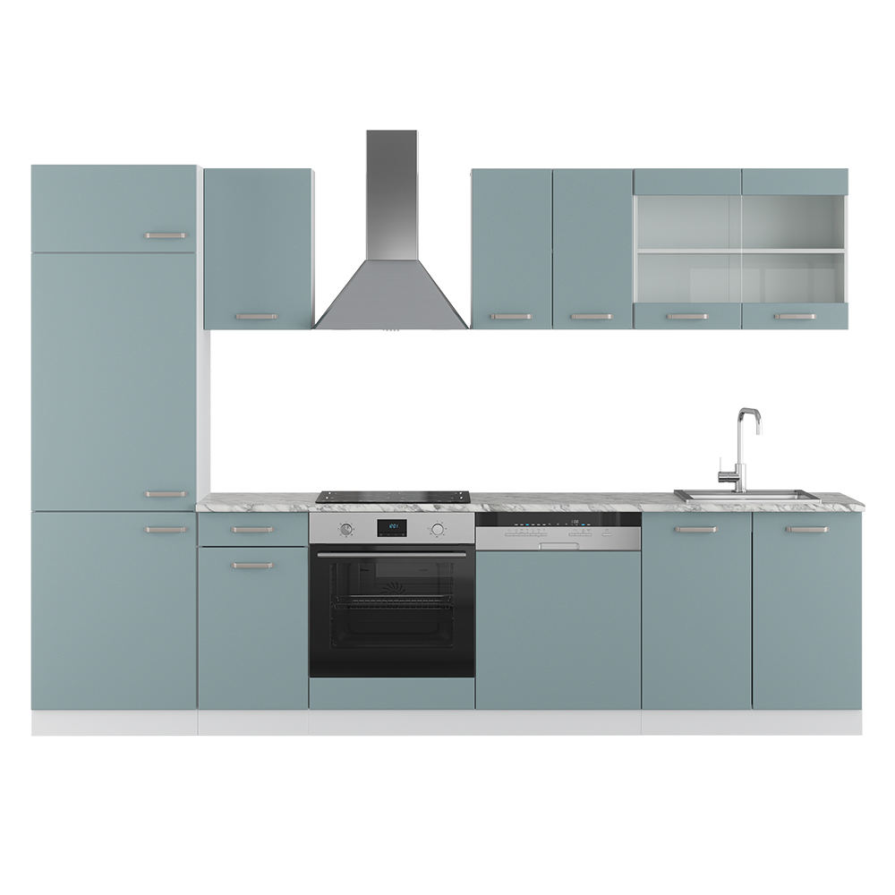 Vicco Küchenzeile "R-Line", Blau-Grau/Weiß, 300 cm mit Arbeitsplatte