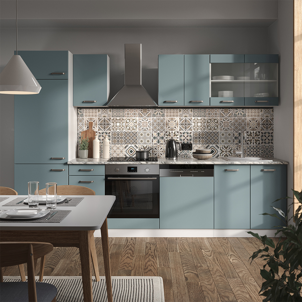 Vicco Küchenzeile "R-Line", Blau-Grau/Weiß, 300 cm mit Arbeitsplatte