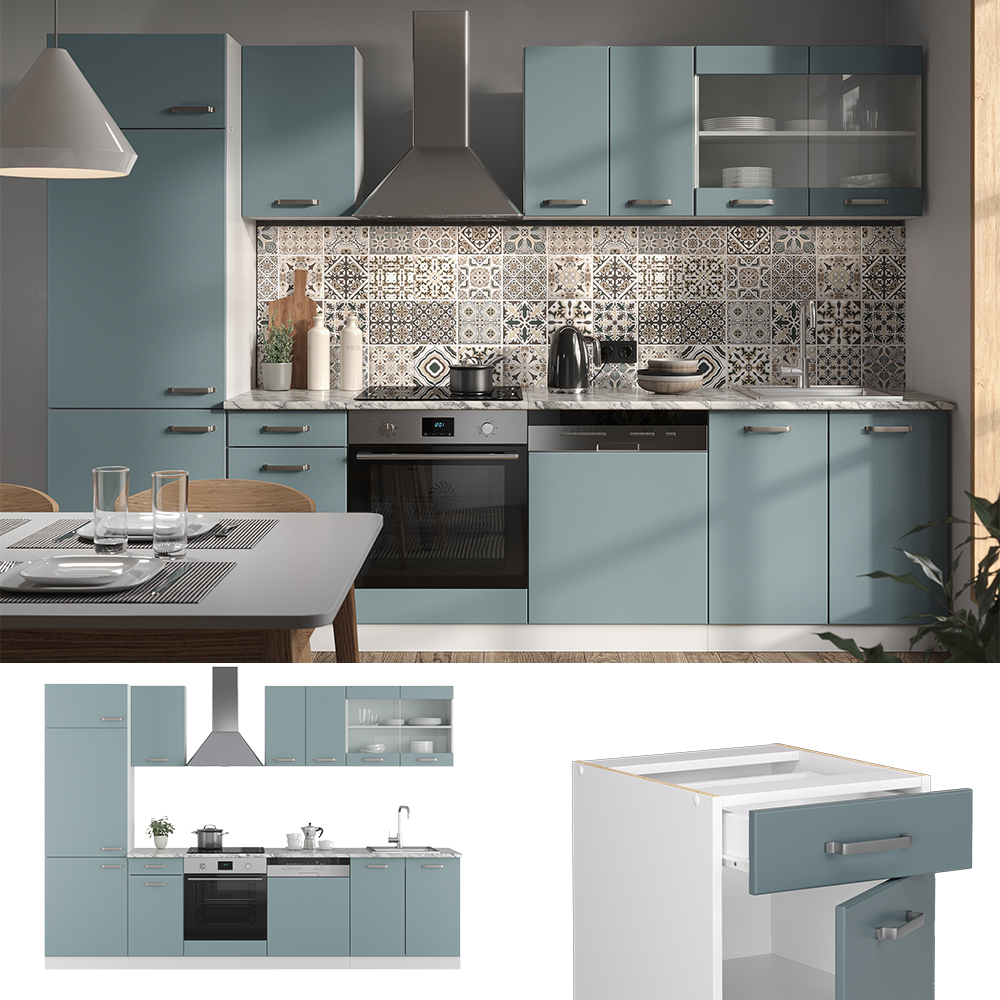 Vicco Küchenzeile "R-Line", Blau-Grau/Weiß, 300 cm ohne Arbeitsplatte