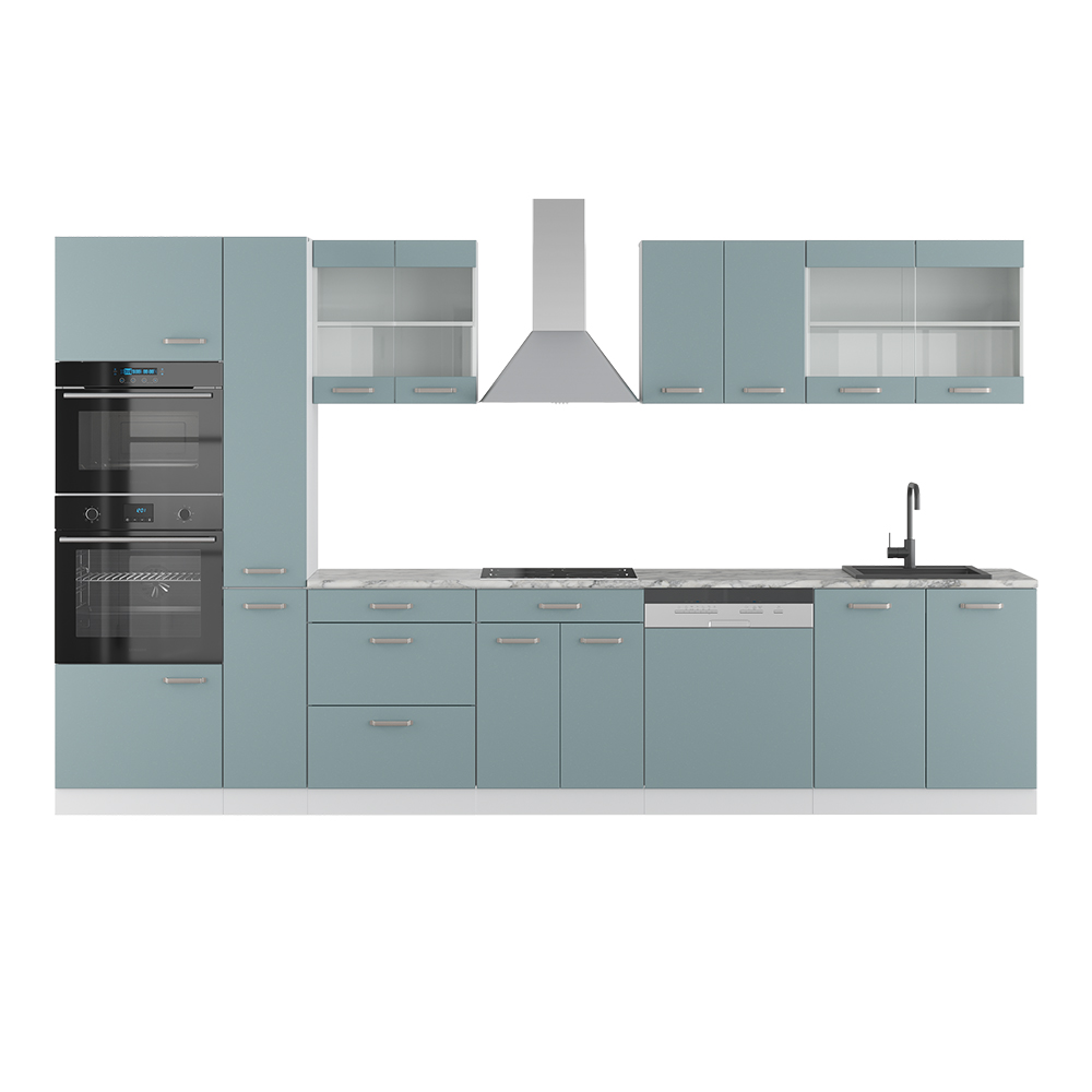 Vicco Küchenzeile "R-Line", Blau-Grau/Weiß, 350 cm mit Hochschrank, mit Arbeitsplatte