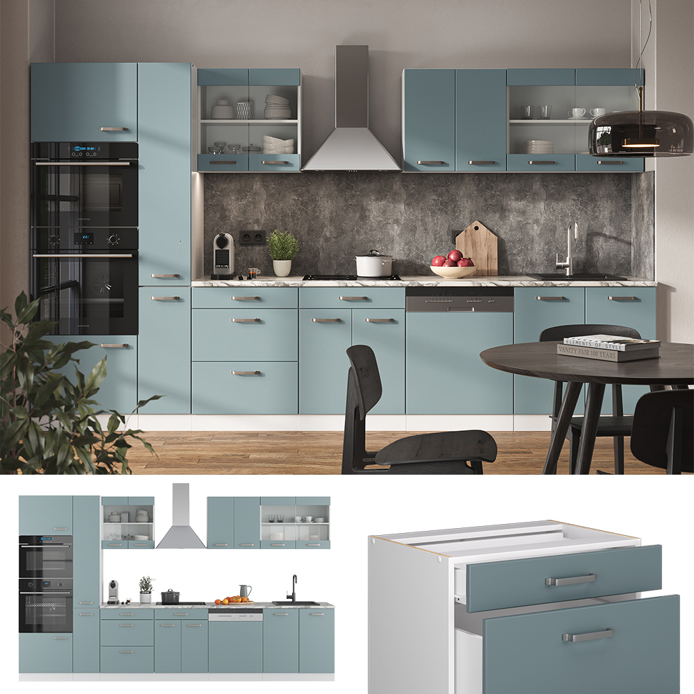 Vicco Küchenzeile "R-Line", Blau-Grau/Weiß, 300 cm mit Hochschrank, ohne Arbeitsplatte