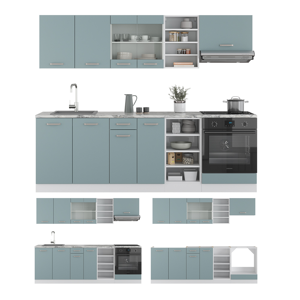 Vicco Küchenzeile "R-Line", Blau-Grau/Weiß, 240 cm mit Arbeitsplatte