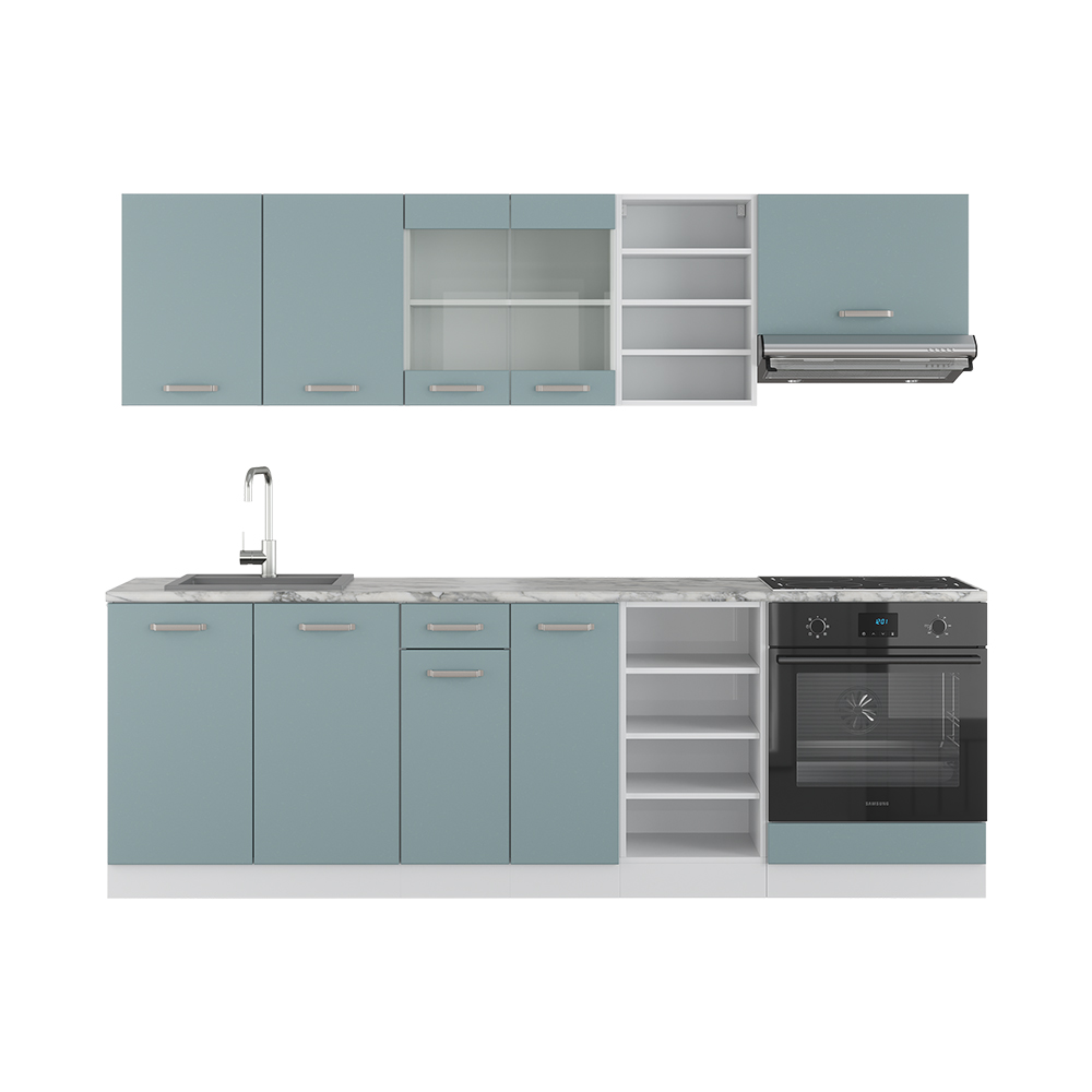 Vicco Küchenzeile "R-Line", Blau-Grau/Weiß, 240 cm ohne Arbeitsplatte