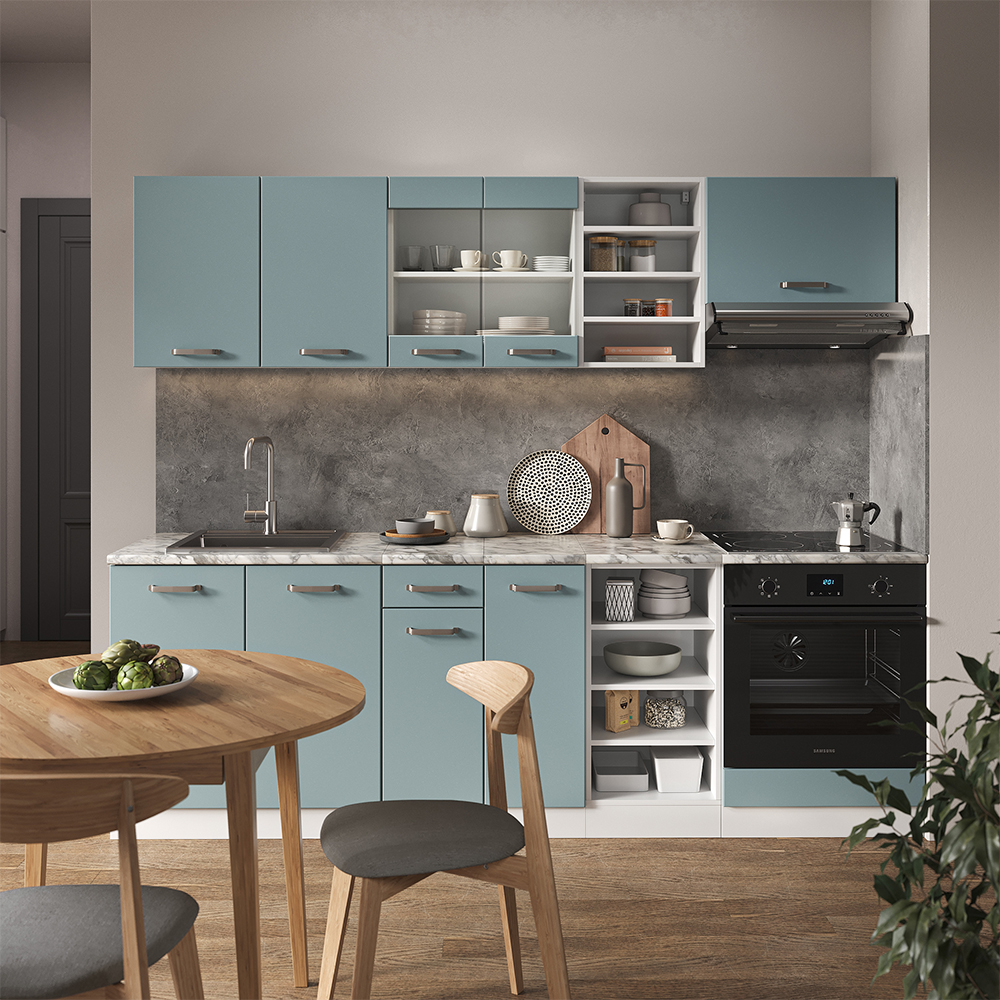 Vicco Küchenzeile "R-Line", Blau-Grau/Weiß, 240 cm ohne Arbeitsplatte